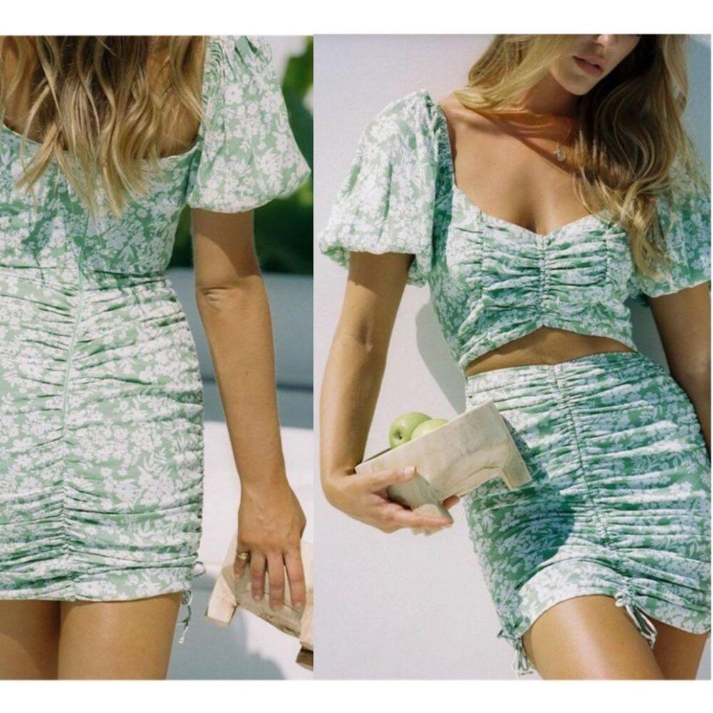 Sabo Skirt Raven Green Floral Ruched Mini Dress